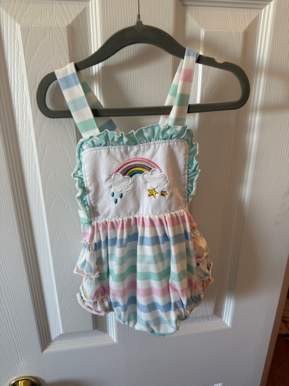 Boutique Pastel Rainbow Stripe Baby Romper with Embroidered Rainbow | 6-12 month